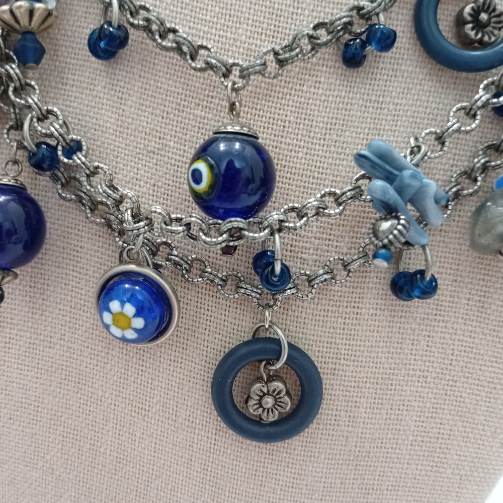 Treska Multi Strand Blue Glass Charm Necklace Silver Tone Signed - Picture 5 of 9